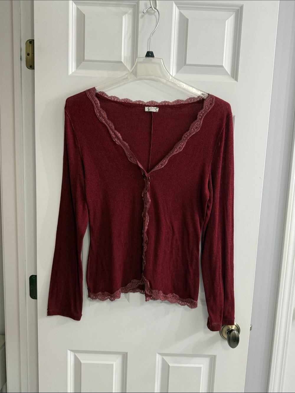 Free People Burgundy Lace-Trim V-Neck Cardigan